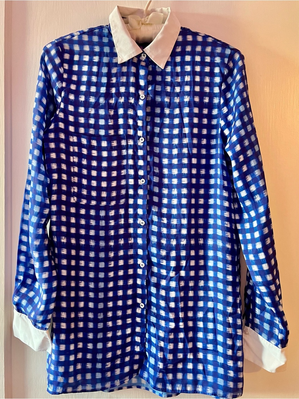 Zara Cobalt Blue and White Artistic Checks Button-Up Shirt, White Collar & Cuffs